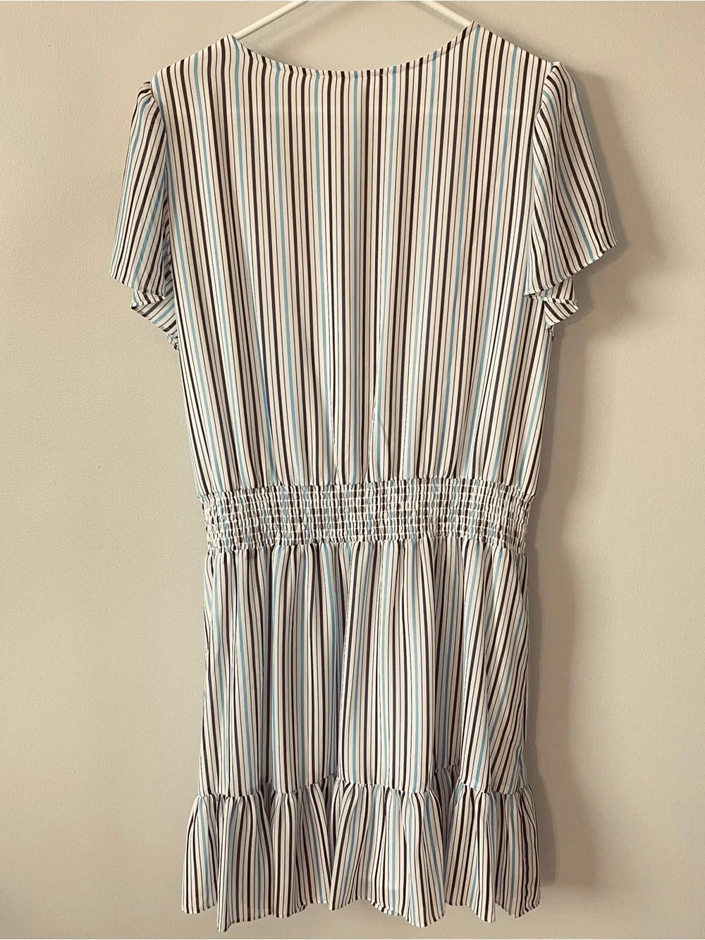 Michael Kors Smocked Wrap Dress Blue White Striped Size XL Flutter Sleeve Party